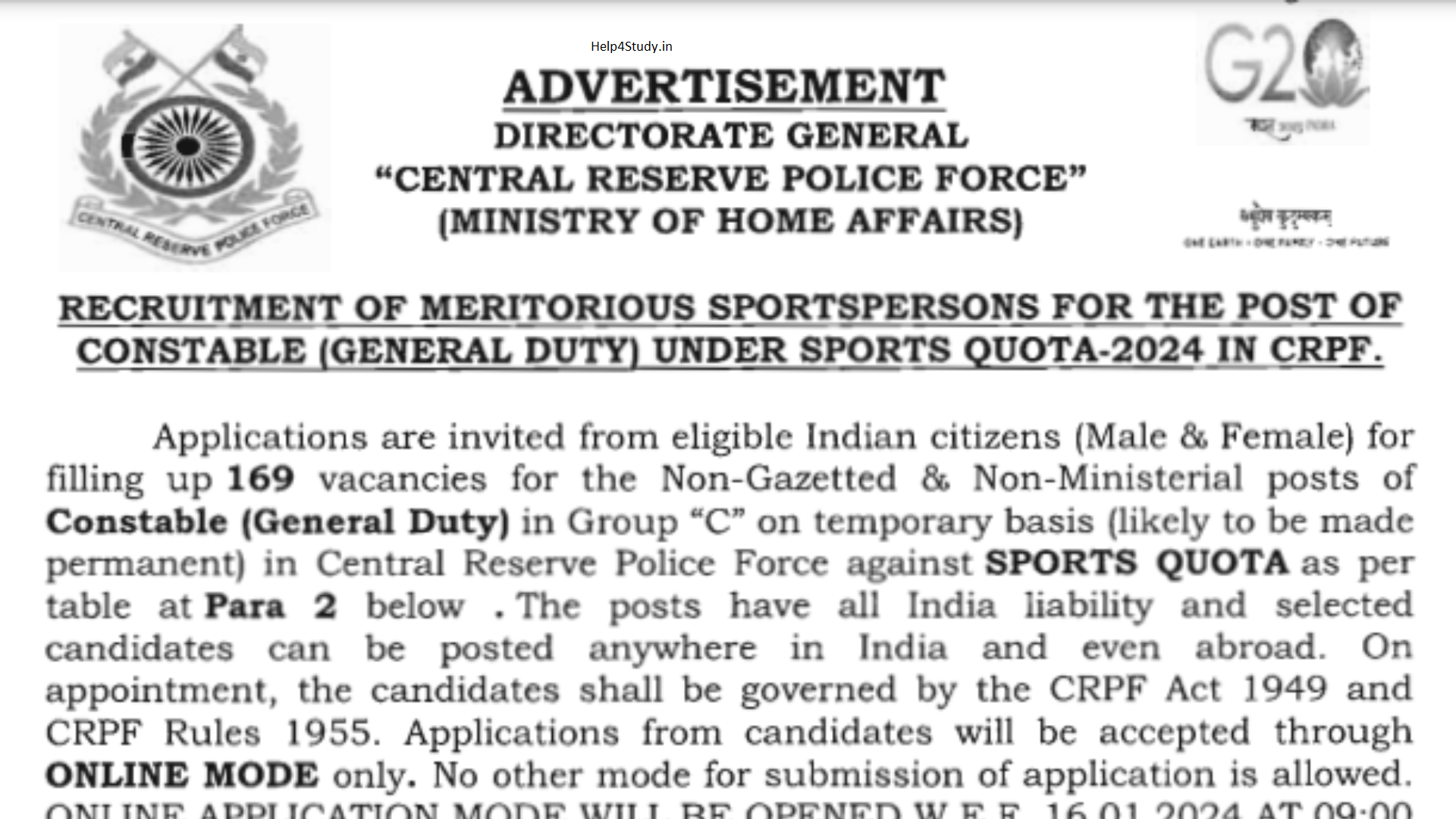 CRPF Constable GD sport Recruitment 2024 Notification