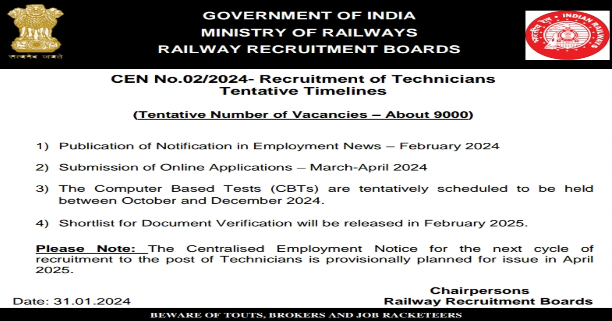 RRB Technician Vacancy 2024 Notification